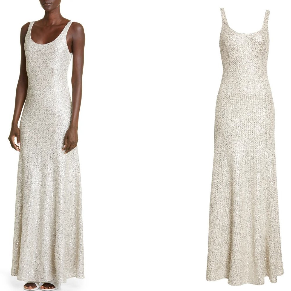 ST. JOHN EVENING Sequin Knit Trumpet Gown CREAM/ SILVER